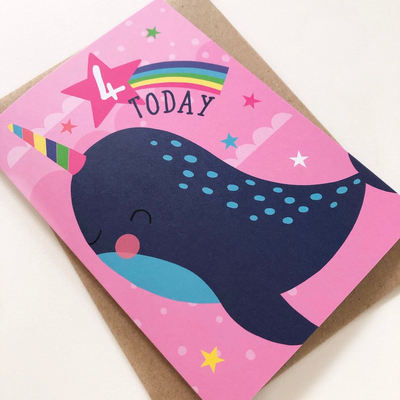 4 Today! Kids Narwhal Happy Birthday Card image 1