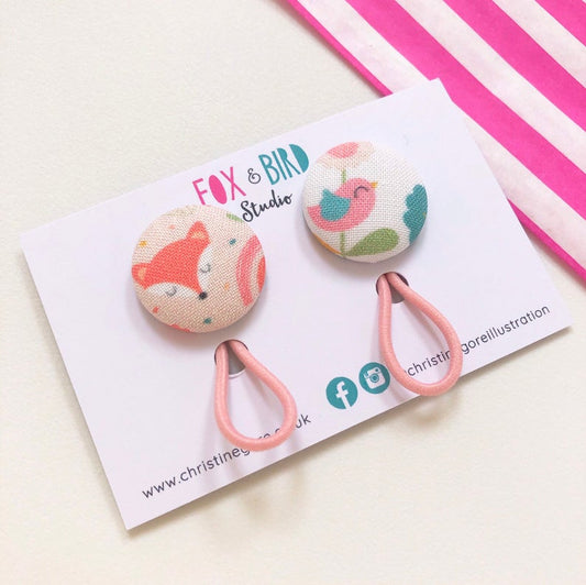 2 Fox & Bird fabric covered button hair bobbles image 0
