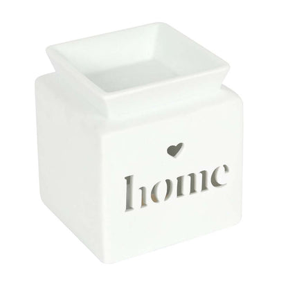 White ceramic wax melter with cut-out and the word 'home' in a modern, minimalist design.